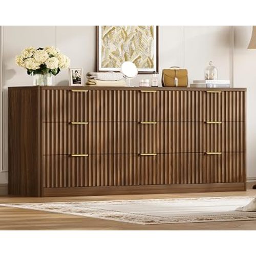 TEENFON 63" Dresser for Bedroom with 9 Drawers, Modern Dressers & Chest of Drawers with Metal Handles, Fluted Dresser, Wood Closet Clothes Storage Organizer for Living Room, Hallway, Walnut