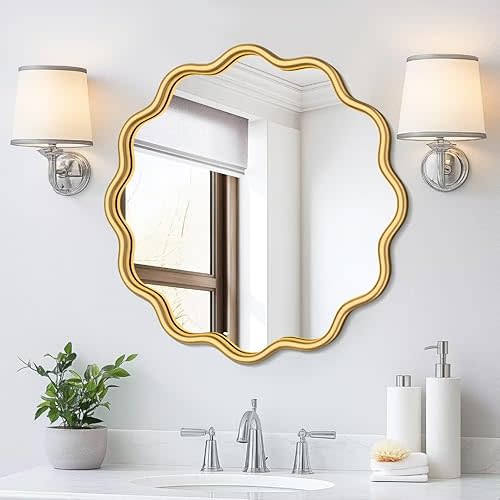 PROHOMEWARE Gold Round Mirror 20 Inch Wavy Bathroom Vanity Mirror Gold Frame Modern Wall Mirror Decorative Wall-Mounte Anti-Rust, Tempered Glass
