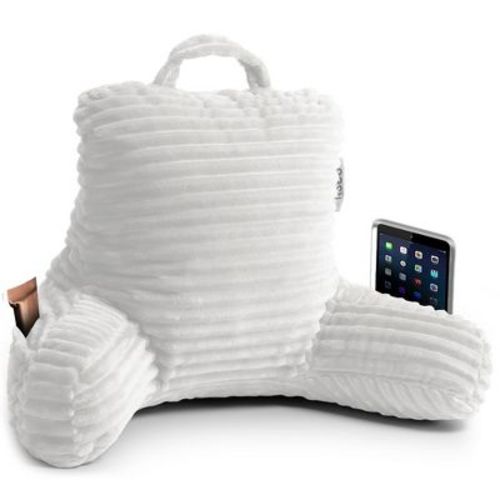 Nestl Cut Plush Striped Reading Pillow For Kids & Teens, Shredded Memory Foam Bed Rest Pillow With Arms, White