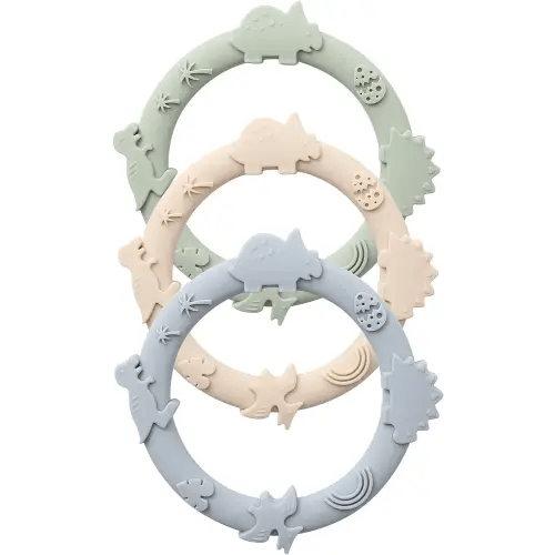 Silicone Teethers for Babies 0-6 6-12 Months Teething Toys for Infants Baby Chew Toys for Sucking Needs Baby Teething Rings for Infant Boys and Girls 3 Pack-Dinosaur-Baby Blue