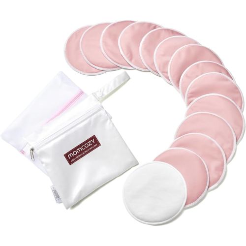 Momcozy Reusable Nursing Pads, Innovative Use of One Way Moisture-Wicking Fabric & 3-Layer Washable Breast Pads, Ultra-Thin Design, Light and Unburden, 14 Pack + Wet & Dry Separation Bag + Wash Bag