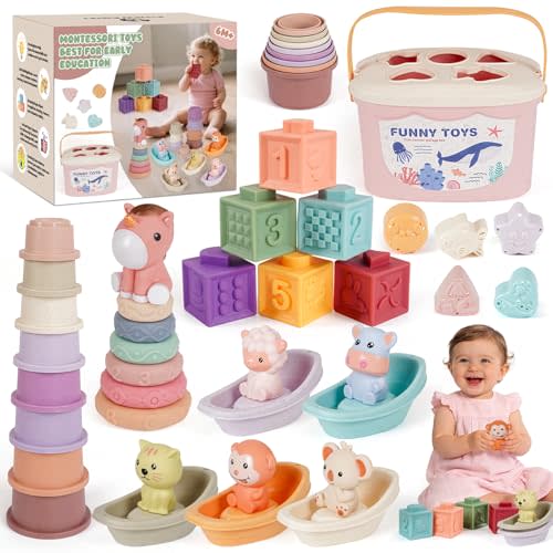Montessori Baby Toy for 6-18 Months Sensory Toy for Toddler 1-3 Year olds | Shape Sorter Sorting Stacking Ring Stacking Cups Soft Building Blocks for Babies 6-12 Months Sensory Learning Birthday Gift