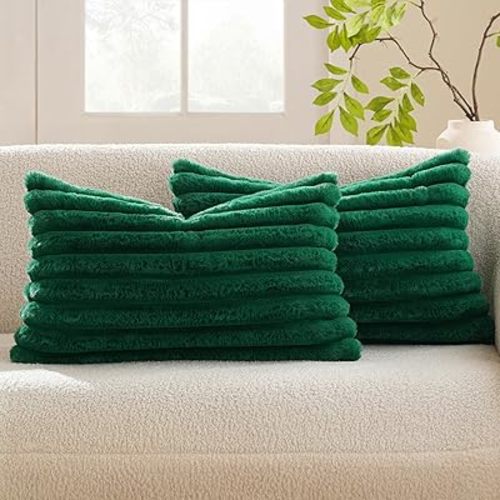 MIULEE Faux Fur Plush Decorative Throw Pillow Covers Set of 2 Luxury Soft Fluffy Striped Pillowcases Cushion for Sofa Couch Bed Living Room Dark Green 12x20 Inch