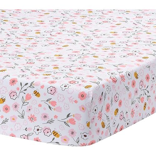 Lambs & Ivy Little Garden 100% Cotton Pink Floral Fitted Crib/Toddler Sheet