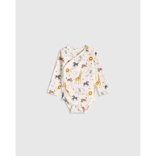 100% Organic Cotton Long Sleeve Snap Over Bodysuit - Baby in Safari