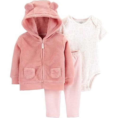 Carter's 3-Piece Zip-up Fuzzy Little Jacket Set with 3D Ears On Hood Size 9 Months Pink