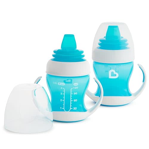 Munchkin Gentle Transition Baby Sippy Cup, Baby's First Sippy - Helps Babies & Toddlers Transitioning from Bottles to Cups, Spill Proof, 4 Months & Up, 4 Ounce, 2 Pack, Blue