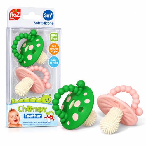 RaZbaby Soft Silicone Infant & Baby 3M+ Teether Toy Massaging Bristles Teething Relief Pacifier - Soothes Sore Gums - Hands-Free & Easy-to-Hold Chompy Teether, BPA Free (Green/Pink)