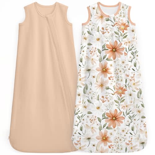 Baby Sleep Sack 6-12 Months 0.5 Tog Baby Wearable Blanket 100% Cotton Sleeping Sack with 2-Way Zipper for Newborn Infant White Brown Flowers