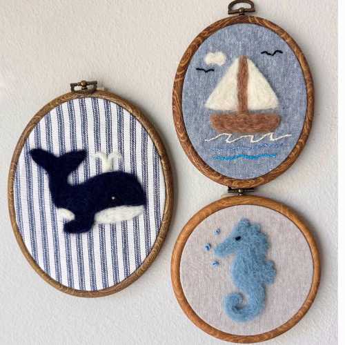 Felted Wool Nursery Wall Art Set – Whale, Sailboat, Seahorse in Hoops