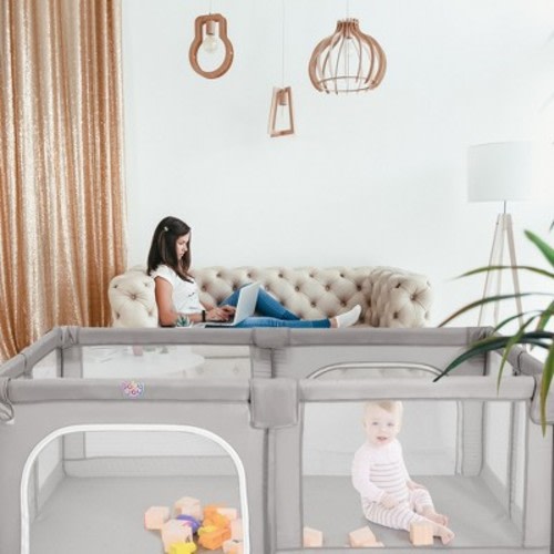 Babyjoy Baby Playpen Extra Large Kids Activity Center Safety Play Yard w/ Gate Beige\Blue\ Gray, Color: Gray