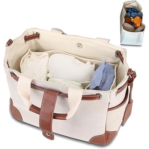 Canvas Baby Diaper Bag Tote, Stylish Korean Minimalist Diaper Caddy Organizer Large Nursery Storage Basket, Gifts for Baby Shower, Newborn Essentials, or Purses and Handbags for Women