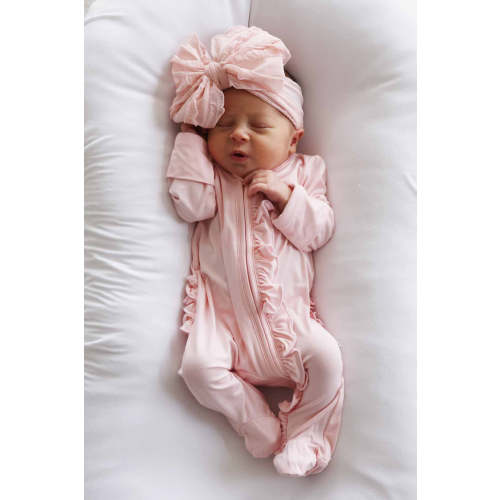Baby Pink Bamboo Ruffle Zipper Footie