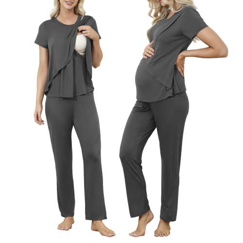 Zando Womens Maternity Nursing Pajamas Set Layer Soft Postpartum Lounge Set for Woman Tulip Hem Breastfeeding Woman PJ 2 Piece set
