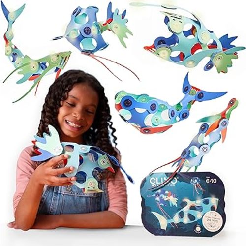 Clixo Ocean Creatures Pack - Glow-in-The-Dark Magnetic Building Toy - 24 Flexible Magnet Pieces for Underwater Adventure. Imaginative STEM Toy. Screen Free Kids Gift & Travel. Ages 6+ [New]