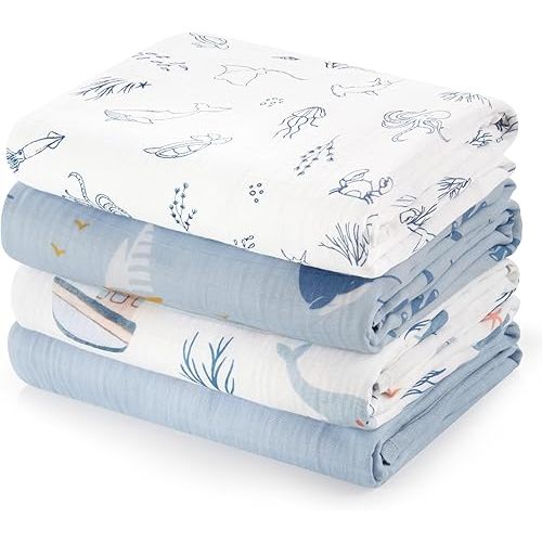 PHF Muslin Swaddle Blankets for Newborn, 4 Pack Organic Soft Breathable Receiving Blankets, Large 47x 47 Inches, Skin-Friendly Muslin Baby Swaddles for Boys, Baby Essentials Shower Gifts, Sea & Whale