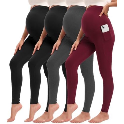4 Pack Women’s Maternity Leggings with Pockets Over The Belly Pregnancy Workout Yoga Pants Activewear