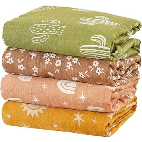 4 Set Muslin Swaddle Blankets for Newborn Baby Boys, Girls,Receiving Blankets-Cute Soft Print Baby Towel Wrap 120x110cm Baby(Cactus)