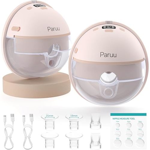 Paruu Hands Free Breast Pump P16, Wearable Breast Pump Electirc Portable with 4 Modes & 12 Levels, Max 309mmHg Strong Suction 19/21/24mm Flange Inserts Wearable Breastfeeding Pump, 2 Pack（Nude