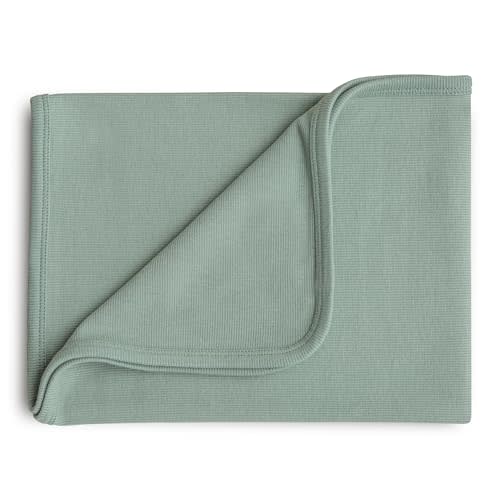 mushie Extra Soft Baby Blanket | Cotton and Elastane Ribbed Receiving Blanket, Swaddle, Stroller | 35x35 Inch (Roman Green)