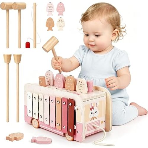 Vanplay Hammering Pounding Toys for 1 Year Old Girl Gifts, Montessori Toys for 1 2 Year Old, 7 in 1 Wooden Preschool Learning Activities Toy for Toddlers 1-3 - Baby Girl Gifts 12+ Months(Pink)