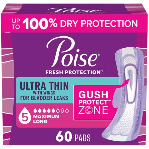 Poise Ultra Thin Incontinence Pads for Women, 5 Drop, Wings, Long, 60 ct