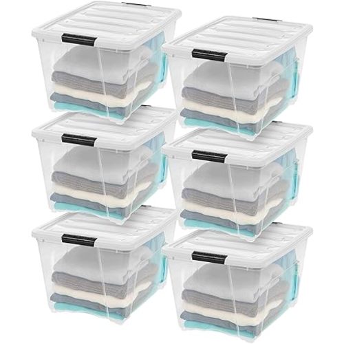 IRIS USA 6-Pack 54 Quart Stackable Storage Bins with Lids [Made in USA] - Everyday Organizer Latching Clear Plastic Organization Containers Closet Bedroom Shelving Units Home Storage - Clear/White
