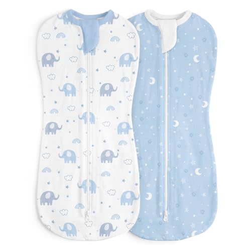 Baby Swaddle 0-2 Months, Cotton Arm-In Zipper Sleep Sack, Wearable Blankets Wrap for Newborn Infant Girls, Boys (Elephant, Star Moon, Pack of 2)