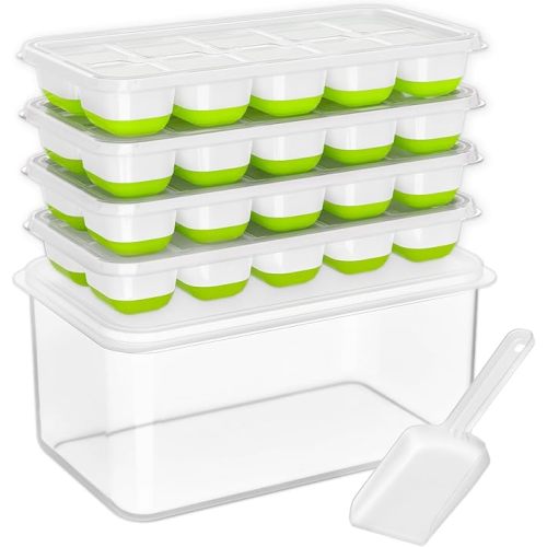 DOQAUS Ice Cube Tray with Lid and Bin, 4 Pack Silicone Plastic Ice Cubes Trays for Freezer with Box/Container, Stackable with Storage Iced Bucket Kits, Scoop, for RV, Soup, Food, Cocktail, Coffee