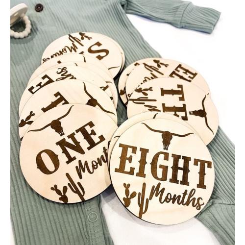 Western Baby Milestone Discs: Engraved Wood Photo Props | Western theme milestones | Round milestones