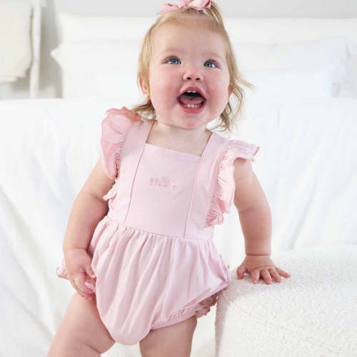 Embroidered Cross Back Ruffle Bubble Romper – Caden Lane