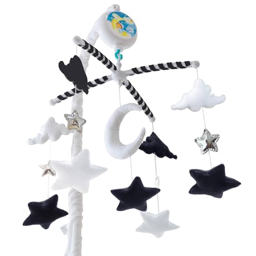 TINITIGIES Starry Night Mobile - Cloud and Star Mobile with 12 Piano Lullabies - Black and White Baby Crib Mobile for Boys & Girls