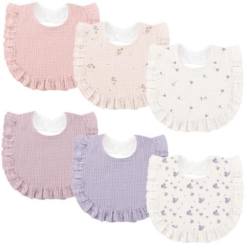 Bearmoss 6 Pack Baby Girl Bibs for Newborn, Muslin Bibs with Ruffle Trim