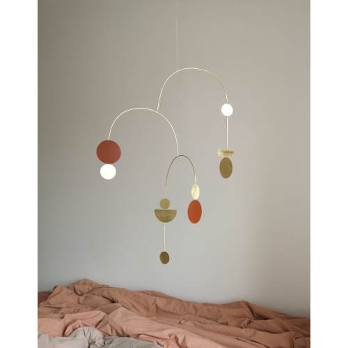 Brass kinetic mobile. Mid-century modern hanging sculpture. Minimalist abstract art decor