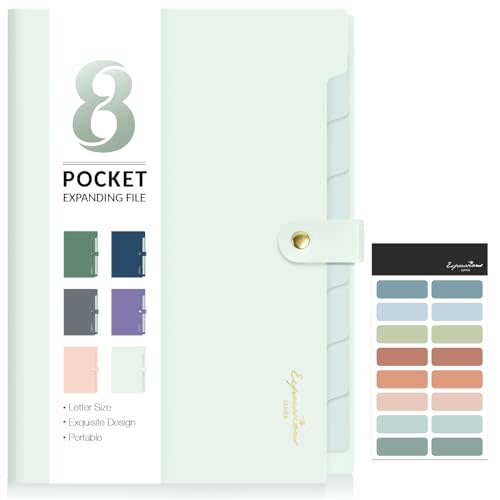 Sooez Elegant Accordion File Organizer, 8 Pocket Expanding File Folders with Labels, Portable Folder for Documents, Cute Paper Organizer for School Office Supplies, Letter Size, Light Green