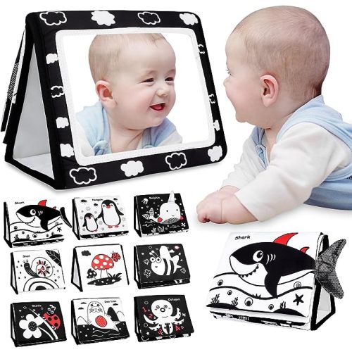 Tummy Time Mirror Toy, High Contrast Black and White Baby Newborn Toys for Tummy Time Foldable Baby Mirror Sensory Development Toys Baby Toy for Infants Boys Girls 0 3 6 12 Months