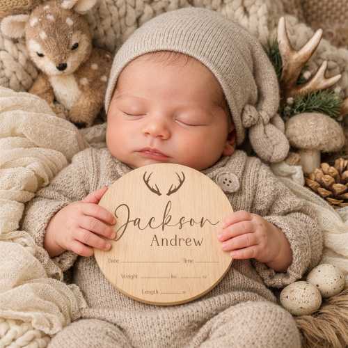 Rustic Antler Birth Announcement Sign: Personalized Woodland Baby Boy Name & Stats Plaque