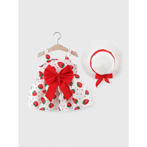 Baby Girl Strawberry Bow Dress with Hat