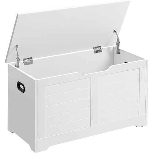 VASAGLE Storage Chest, Storage Bench with 2 Safety Hinges, Farmhouse Style, 15.7 x 31.5 x 18.1 Inches, for Entryway, Bedroom, Living Room, Cloud White ULSB063T14
