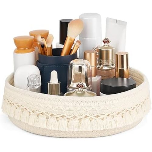 Mkono Makeup Perfume Holder Organizer Macrame Decorative Woven Rope Basket Boho Decor Cosmetics Desk Storage Baskets for Dresser Skin Care Lotions Essential Oils Dorm Room Essentials
