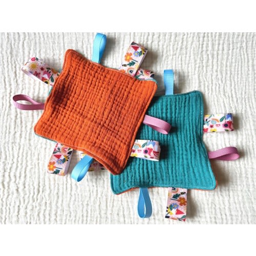 Cotton Gauze Baby Tag Toy | Sensory Lovey with Ribbons