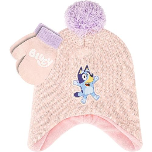 Bluey Bandit and Chilli Toddler Hat with Winter Mittens for Kids – Warm Winter Hat for Toddler with Kids Mittens Blue Grey