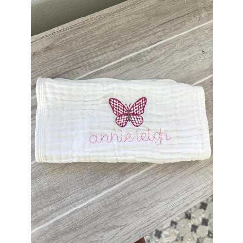 Embroidered Pink Butterfly Burp Cloth