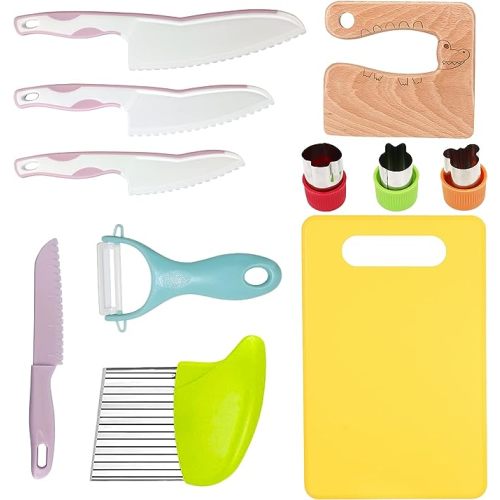11 Pieces Wooden Kids Kitchen Knife, Pink Kids Knife Set Include Wood Kids Knife, Serrated Edges Plastic Toddler Knife, Crinkle Cutter, Sandwich Cutter, Y Peeler, Cutting Board