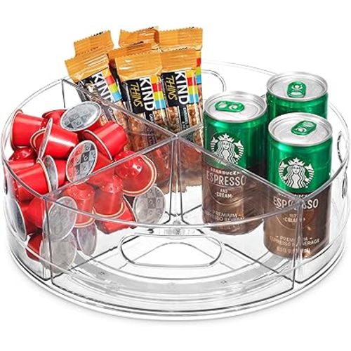 Oizeir Lazy Susan Turntable - Clear Acrylic, Removable Sections, Rotates 360 Degrees. Easily Organize Your Fridge, Cabinet or Counter. Great Carousel Storage for Food, Spices, Cosmetics. (4-Sections)