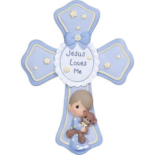 Precious Moments, Jesus Loves Me, Boy, Resin Cross With Stand, 132403