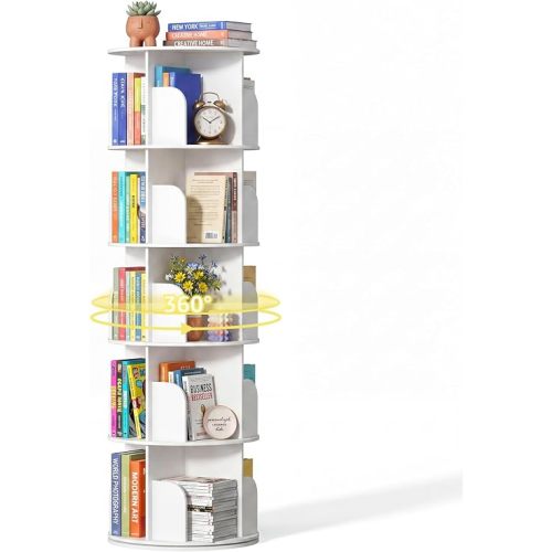 DUMOS 5 Tier Rotating Bookshelf Tower, Study Spinning Bookshelf for Small Space, 360° Display Revolving Bookcase Lazy Susan, Freestanding Vertical Corner Book Shelf for Bedroom, Living Room, White