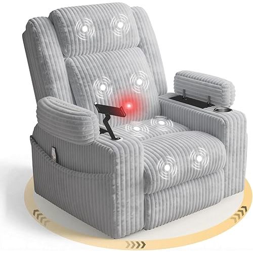 EROMMY Power Oversized Swivel Rocker Recliner with Massage and Heat, Nursery Rocking Chairs for Living Room, Comfy Glider Chair with Cup Holders, Armrest Storage,USB&Type-C Ports,Grey