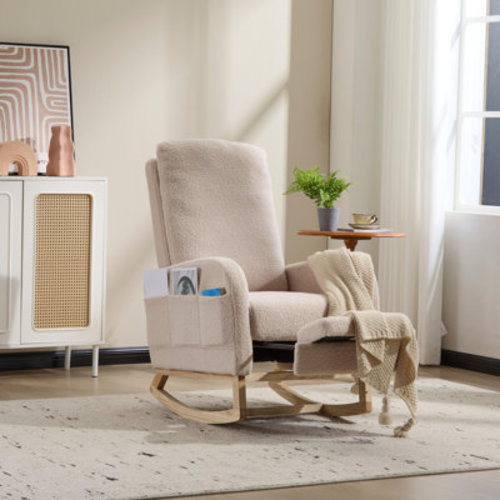 Latitude Run® Modern White Teddy Upholstered Rocking Chair with Solid Wood Legs, Side Pocket & Footrest for Nursery & Living Room | Wayfair