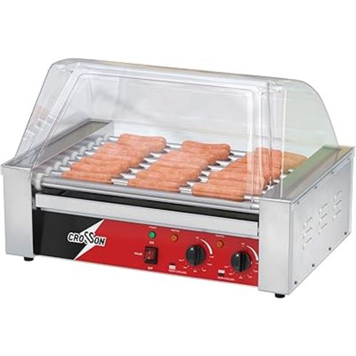 CROSSON Hot Dog 9 Roller Grill Cooker Machine with Transparent Sneeze Guard,9 Nonstick 304SS Rollers and Dual Temp Control,Commercial Hot Dog Cooker Machine-120V, 1350W